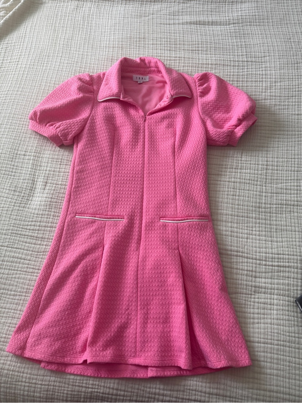 THML Pink Textured Puff-Sleeve Polo Dress